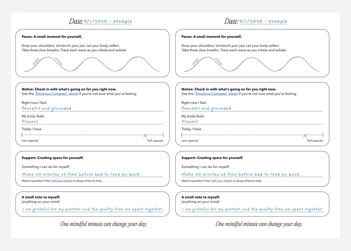 A printable daily mindfulness worksheet template with multiple text boxes, small line illustrations, and a blue example text, shown on a white background.