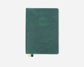 Green planner with nature-themed design on a white background