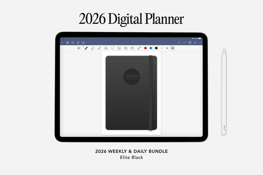 Digital planner app interface with a black planner on a tablet screen, labeled &
