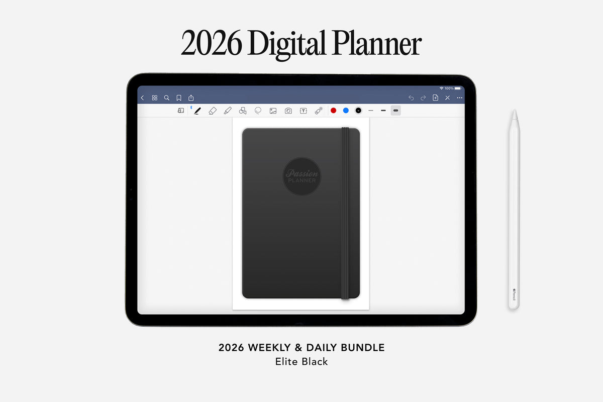 Digital planner app interface with a black planner on a tablet screen, labeled '2026 Digital Planner'.