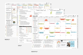 Multifunctional planner with weekly, daily, and monthly schedules on a white background