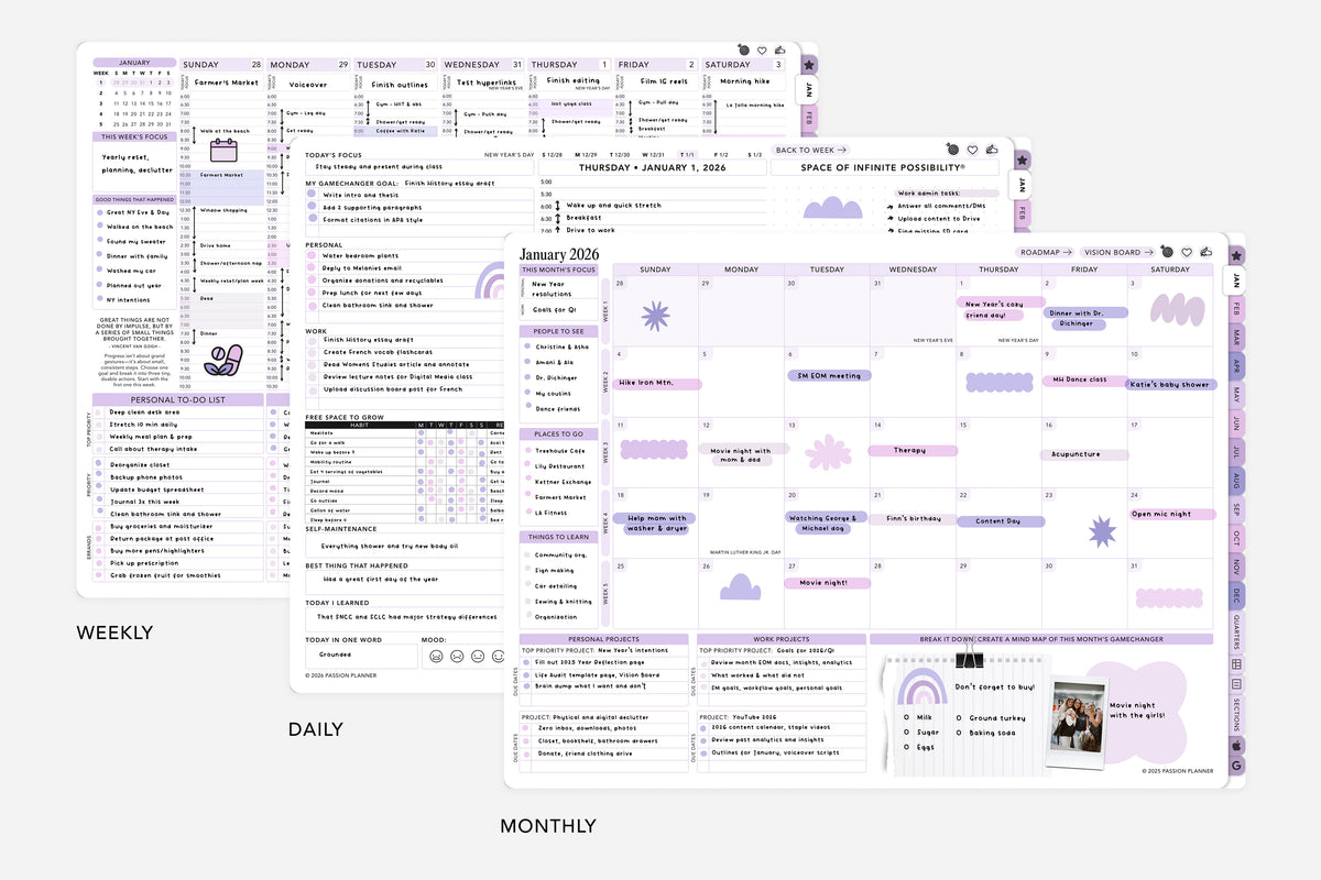 Multifunctional digital planner with weekly, daily, and monthly schedules on a white background
