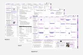 Multifunctional digital planner with weekly, daily, and monthly schedules on a white background