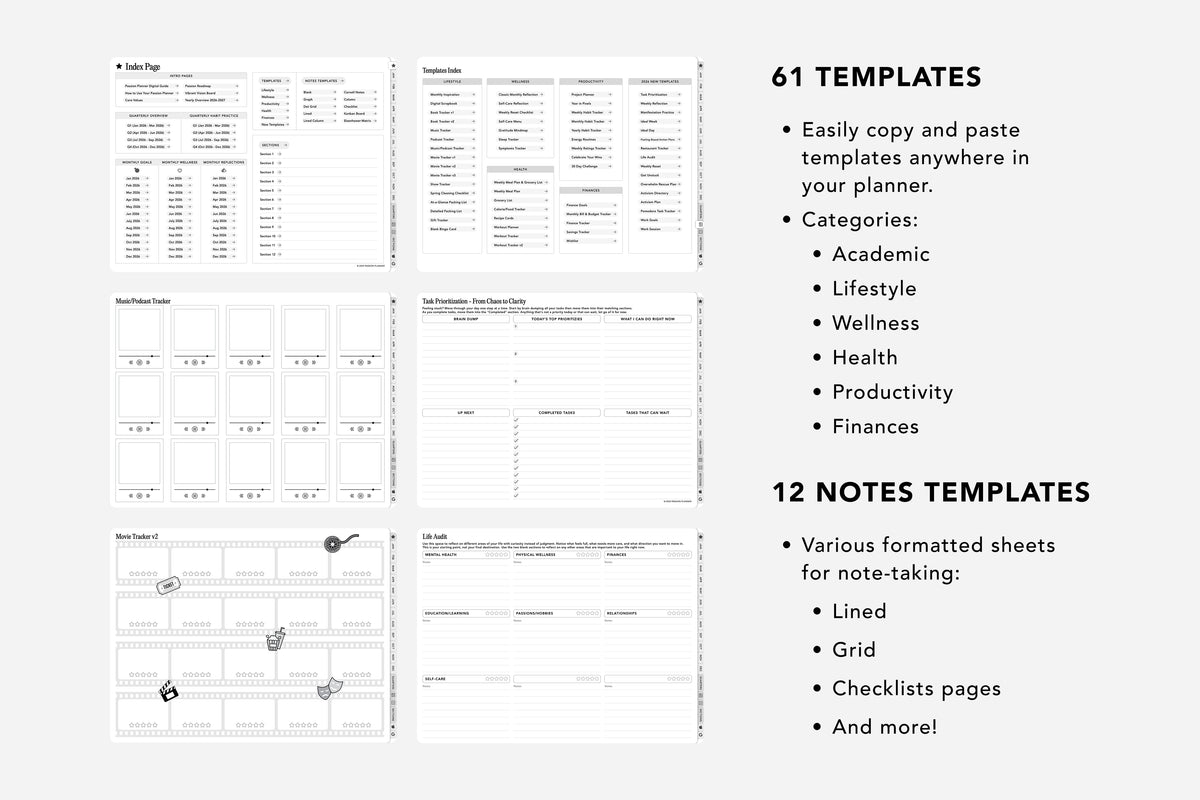 Digital planner template set with various categories and note-taking formats on a white background.