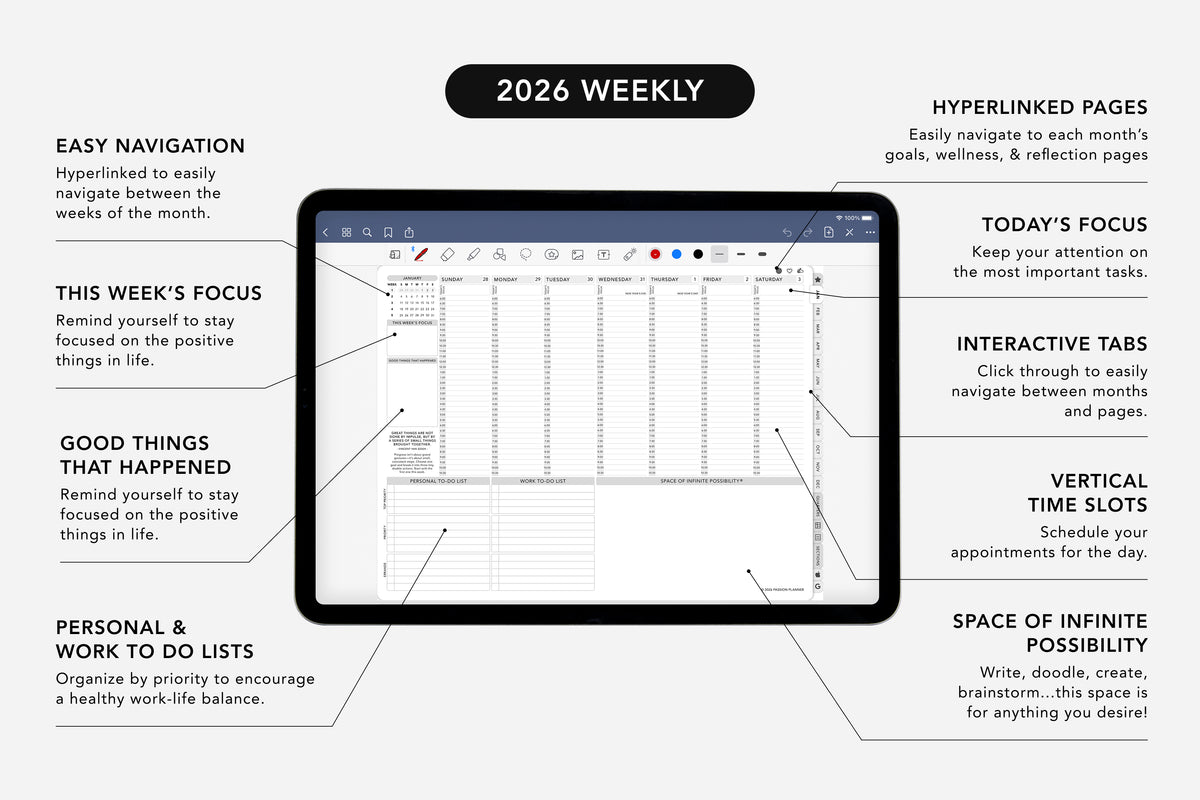 Digital planner app interface with tablet displaying weekly schedule on a white background