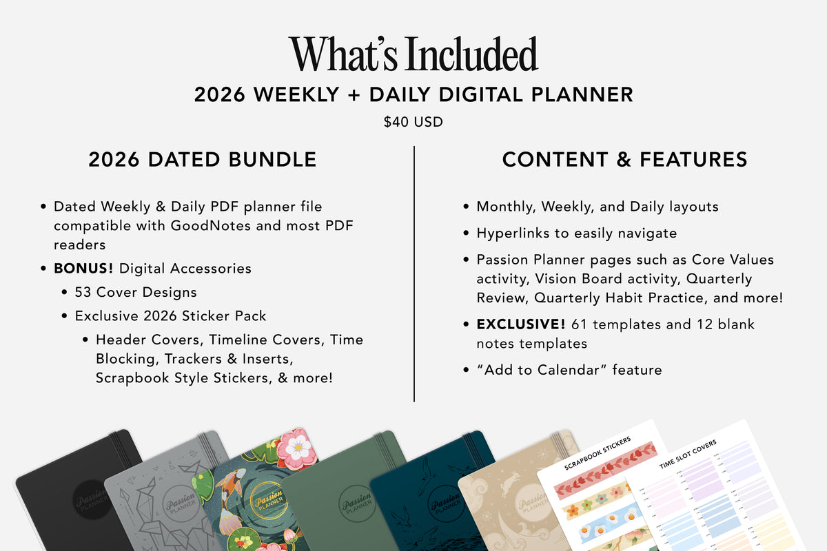 2026 Weekly + Daily Digital Planner with features and accessories on a white background