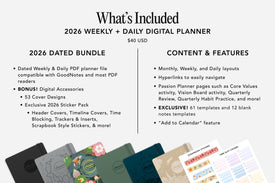 2026 Weekly + Daily Digital Planner with features and accessories on a white background