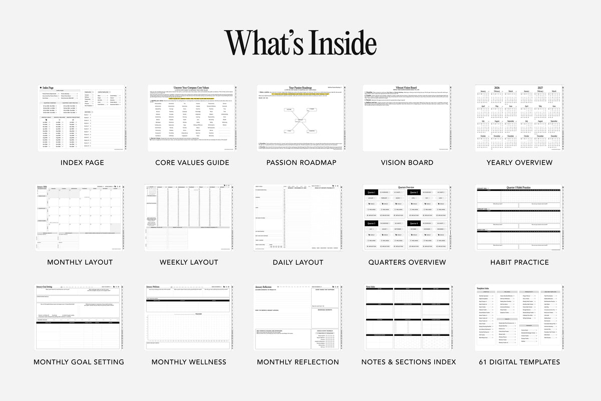 Overview of digital templates with titles on a white background