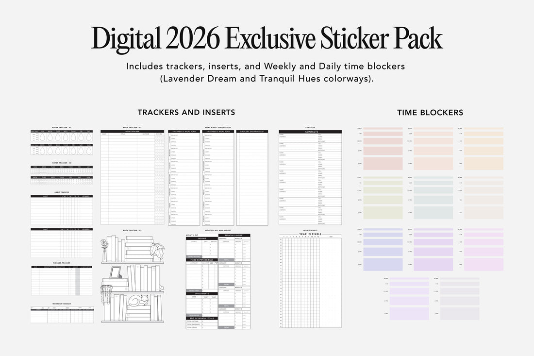 Digital 2026 Exclusive Sticker Pack with tracker and time blocker designs on a white background.