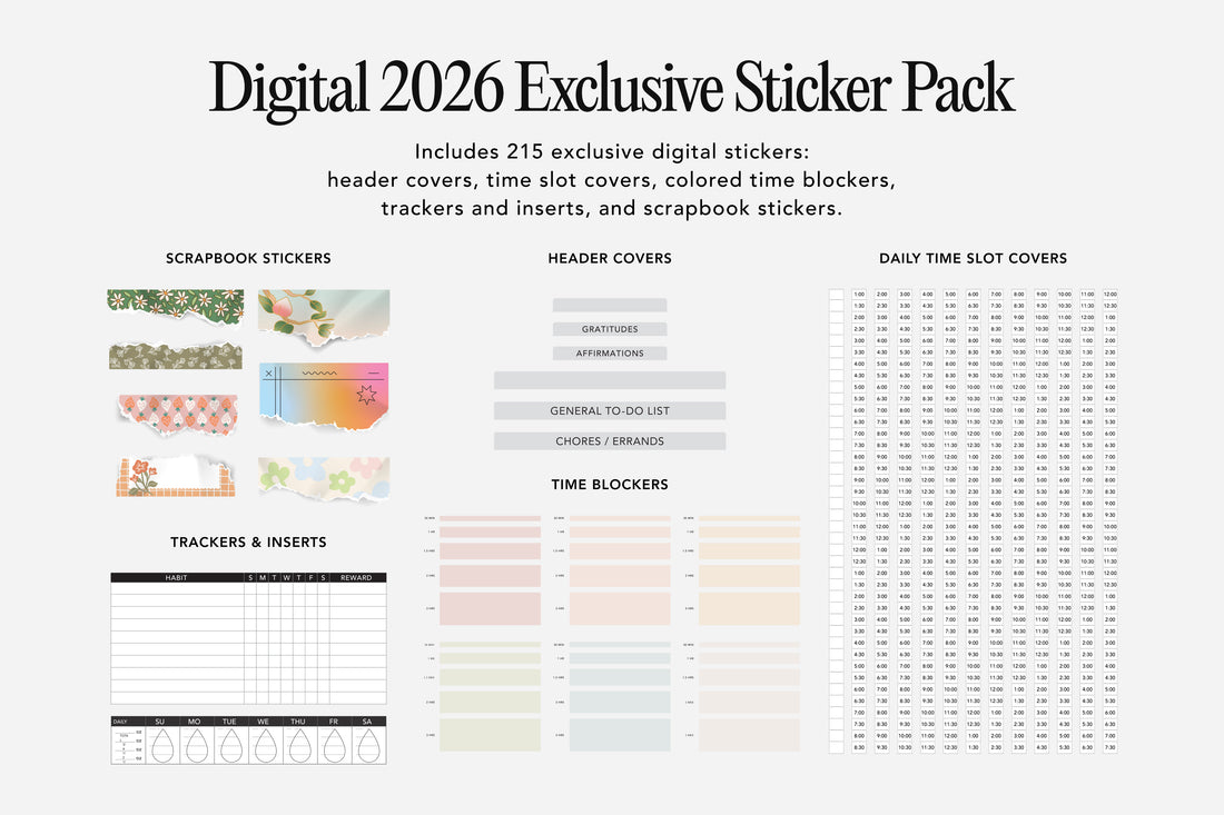 Digital 2026 Exclusive Sticker Pack with various planner stickers on a white background