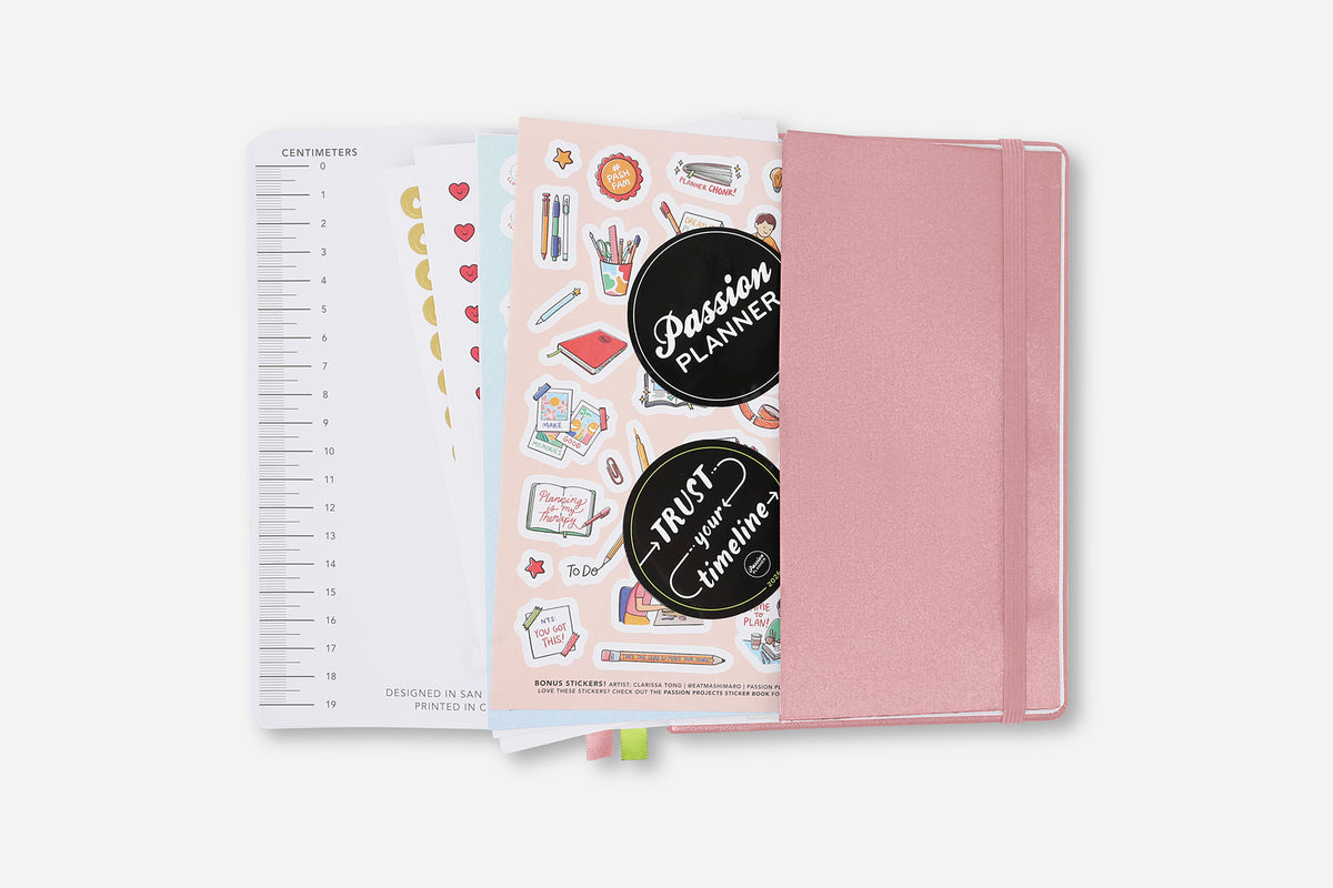 Dusty Rose Passion Planner back pocket and free stickers 