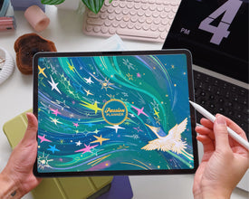 A tablet held in two hands, displaying a colorful digital planner cover with swirling teal and green waves, stars, and a white bird. The screen shows the text 'Passion Planner'.