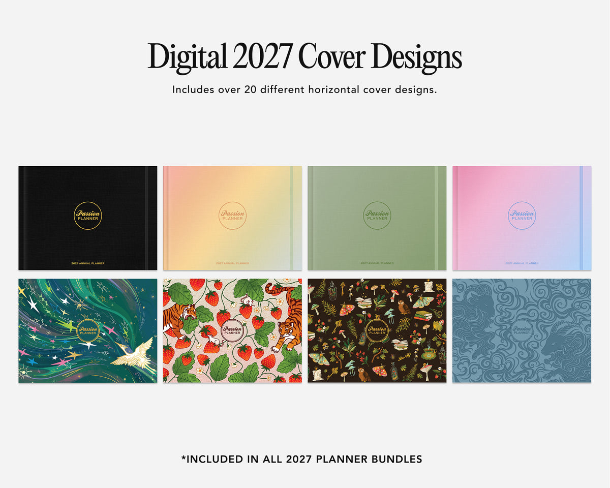 Promotional graphic for digital 2027 cover designs, showing a grid of eight planner cover previews with different color schemes and patterns on a light gray background.