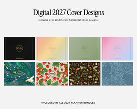 Promotional graphic for digital 2027 cover designs, showing a grid of eight planner cover previews with different color schemes and patterns on a light gray background.