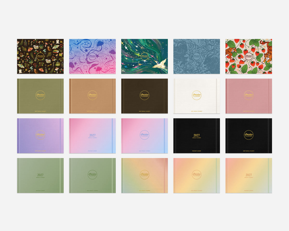 Promotional graphic for digital 2027 cover designs, showing a grid of 24 planner cover previews with different color schemes and patterns on a light gray background.