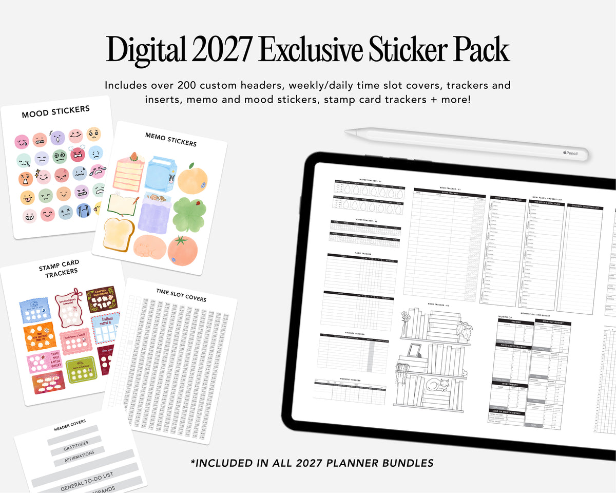 Digital 2027 Exclusive Sticker Pack preview showing planner sticker sheets, a laptop with planner pages, and promotional text on a light gray background.