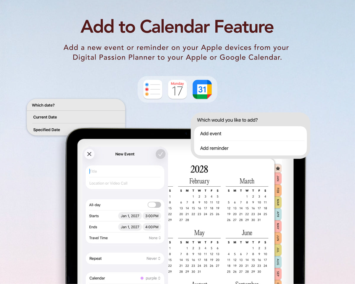 Promotional graphic for a digital calendar extension showing an iPad screen with event reminder settings and a monthly calendar view, alongside text reading 'Add to Calendar Feature' and mockups for Apple and Google Calendar integration.