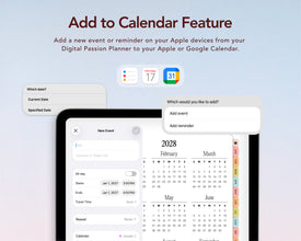 Promotional graphic for a digital calendar extension showing an iPad screen with event reminder settings and a monthly calendar view, alongside text reading 'Add to Calendar Feature' and mockups for Apple and Google Calendar integration.