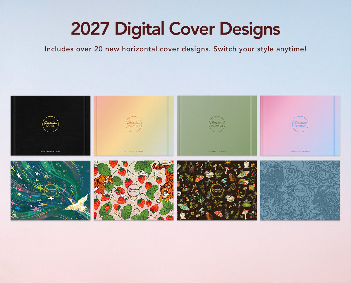 Promotional graphic for 2027 Digital Cover Designs, showing a gradient title at the top and eight sample cover designs arranged in two rows below on a pale pink background.