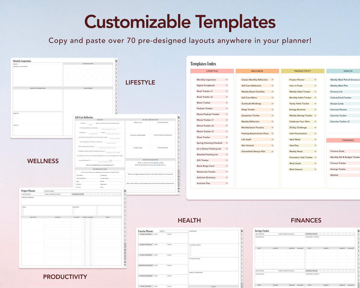 A promotional graphic for customizable digital planner templates, showing multiple white form layouts arranged on a soft pink-to-white gradient background. Large text at the top reads 'Customizable Templates' with smaller copy below, and labels for sections such as Lifestyle, Wellness, Health, Finances, and Productivity are visible.