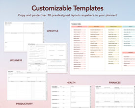 A promotional graphic for customizable digital planner templates, showing multiple white form layouts arranged on a soft pink-to-white gradient background. Large text at the top reads 'Customizable Templates' with smaller copy below, and labels for sections such as Lifestyle, Wellness, Health, Finances, and Productivity are visible.