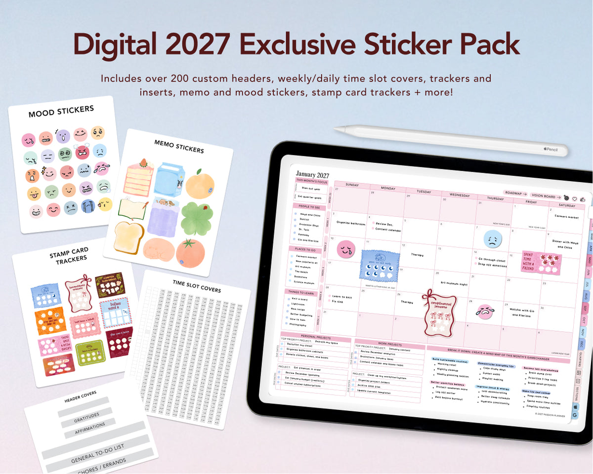 Digital 2027 Exclusive Sticker Pack preview showing sample digital planner sticker sheets, a tablet with a pink calendar layout, and a stylus on a pale blue background.