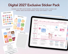 Digital 2027 Exclusive Sticker Pack preview showing sample digital planner sticker sheets, a tablet with a pink calendar layout, and a stylus on a pale blue background.