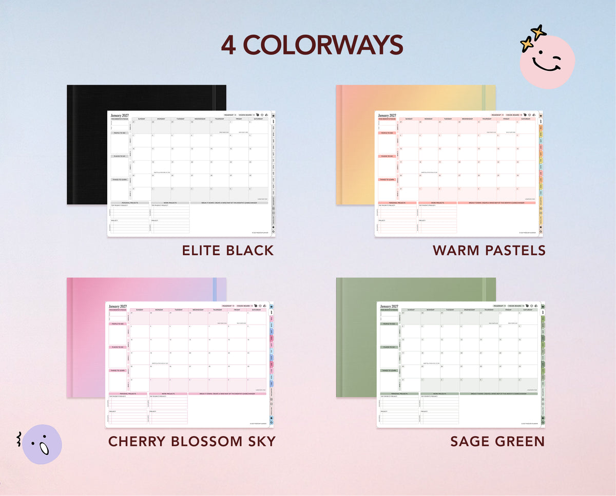 A promotional graphic showing four color options for a planner or calendar template, labeled '4 COLORWAYS' at the top. The options are Elite Black, Warm Pastels, Cherry Blossom Sky, and Sage Green, each shown with a sample page layout and a matching color digital cover behind it on a soft pastel gradient background.