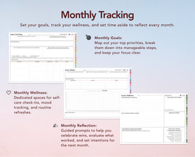 A promotional graphic for a monthly tracking planner, showing several interior pages laid out on a soft pastel gradient background with text describing goals, wellness tracking, and reflection prompts.