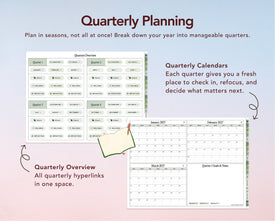 A promotional graphic for a quarterly planning planner, showing sample pages with labeled sections such as Quarterly Overview, January 2027, and February 2027, plus descriptive text on a soft pastel gradient background.