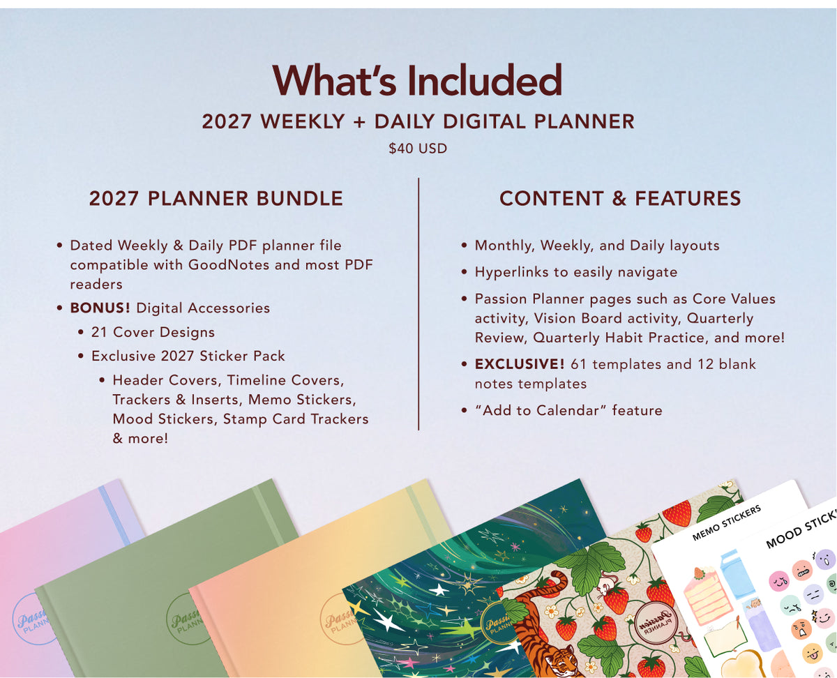 Promotional graphic for a 2027 Weekly + Daily Digital Planner bundle, showing a pastel blue background, product title text, feature bullet points, and a collage of planner pages and stickers at the bottom.