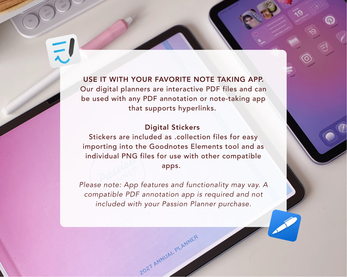 A promotional graphic for a digital planner, showing a white text card overlaid on a laptop and tablet screen mockup. The card explains that the digital planners are interactive PDF files and can be used with various PDF annotation or note-taking apps, including GoodNotes.