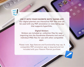 A promotional graphic for a digital planner, showing a white text card overlaid on a laptop and tablet screen mockup. The card explains that the digital planners are interactive PDF files and can be used with various PDF annotation or note-taking apps, including GoodNotes.