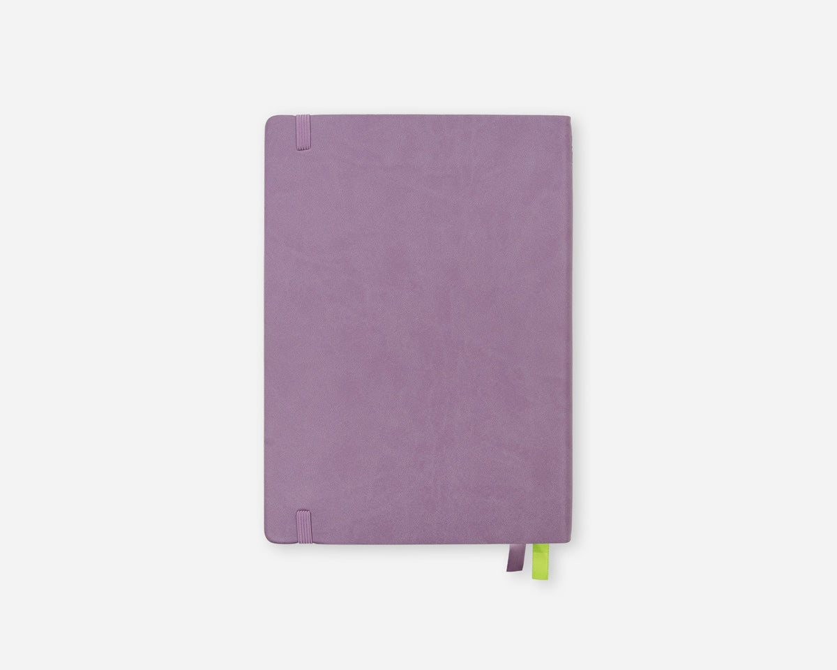 A lavender purple planner with a faux leather cover, featuring a matching purple elastic closure tab on the left and two ribbon bookmarks (one purple, one lime green) at the bottom right, shown on a light gray background.
