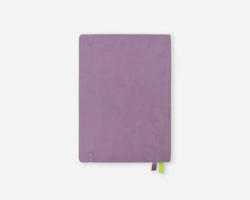 A lavender purple planner with a faux leather cover, featuring a matching purple elastic closure tab on the left and two ribbon bookmarks (one purple, one lime green) at the bottom right, shown on a light gray background.