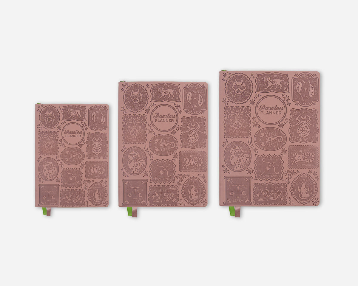 Three different size mauve colored Passion Planners with zodiac designs  in order of smallest to largest on a gray background.