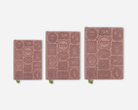 Three different size mauve colored Passion Planners with zodiac designs  in order of smallest to largest on a gray background.