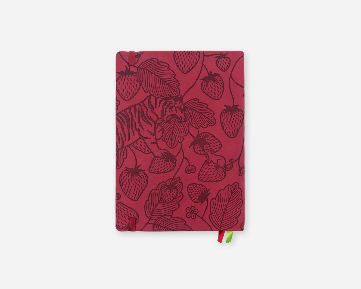 A faux leather 2027 planner with a dark red cover featuring a line-art pattern of strawberries and leaves with tiger illustrations, shown against a light gray background.