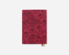 A faux leather 2027 planner with a dark red cover featuring a line-art pattern of strawberries and leaves with tiger illustrations, shown against a light gray background.