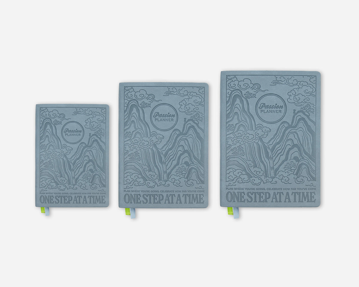 Three embossed paper planner covers in different sizes, arranged from smallest to largest against a light gray background. Each cover features a detailed mountain and cloud design with the text 'Passion Planner' and 'ONE STEP AT A TIME'.