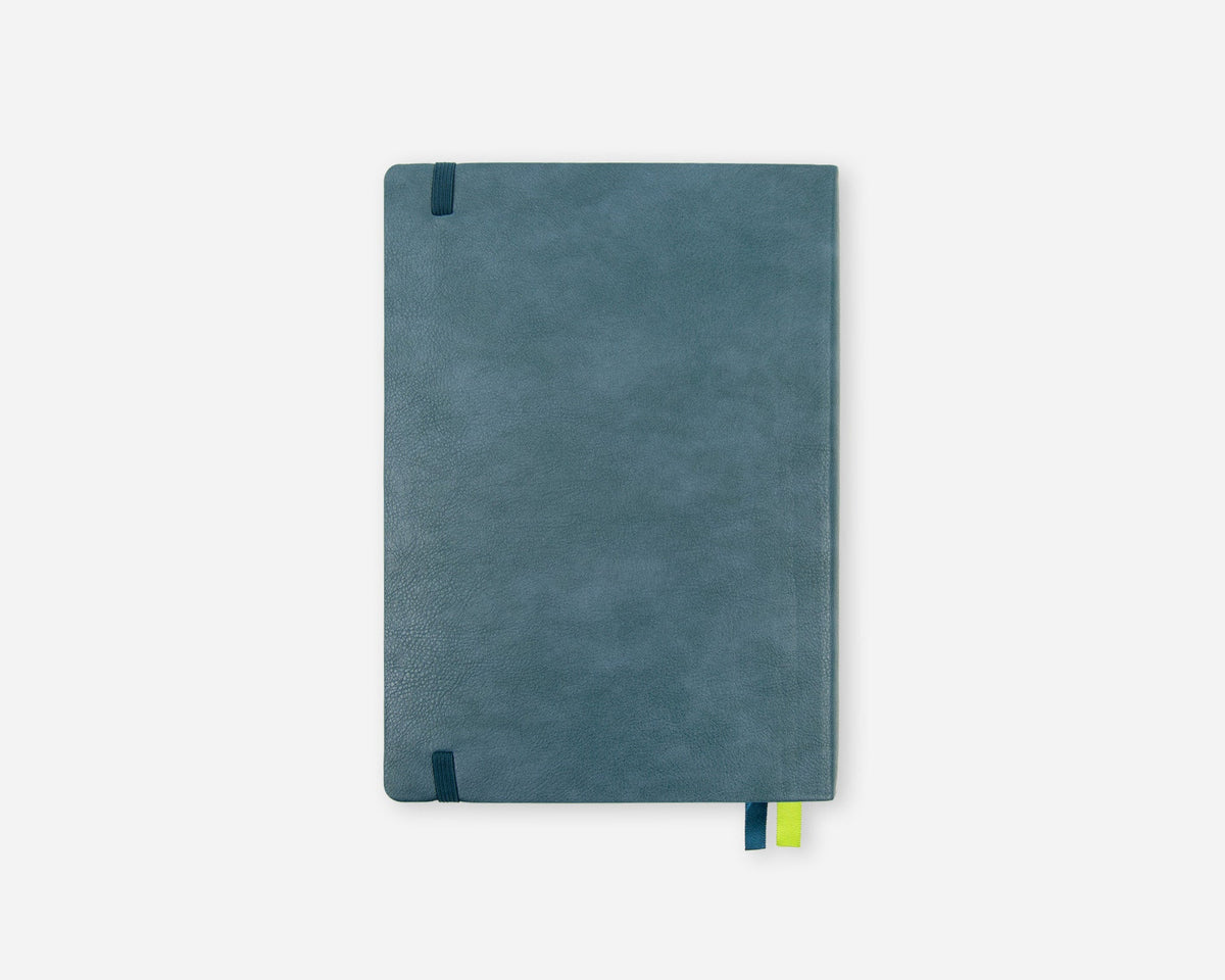 A dark teal blue 2027 planner with a textured cover, a dark blue elastic closure tab, and a small green and blue ribbon bookmark, shown on a light gray background.