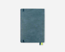 A dark teal blue 2027 planner with a textured cover, a dark blue elastic closure tab, and a small green and blue ribbon bookmark, shown on a light gray background.