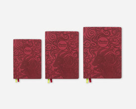 Three red 2027 planners in different sizes lined up horizontally on a light gray background. Each planner features an illustrated goat design and circular embossed logo that reads 'Passion Planner' and has a small green ribbon bookmark peeking out from the bottom.