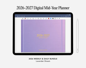 Digital planner interface with a lavender cover on a tablet screen, labeled '2026-2027 Digital Mid-Year Planner'.