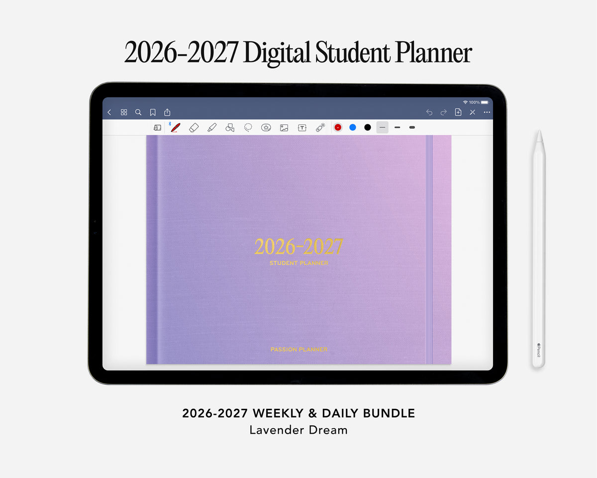 Digital student planner for 2026-2027 on a tablet screen with a lavender cover.