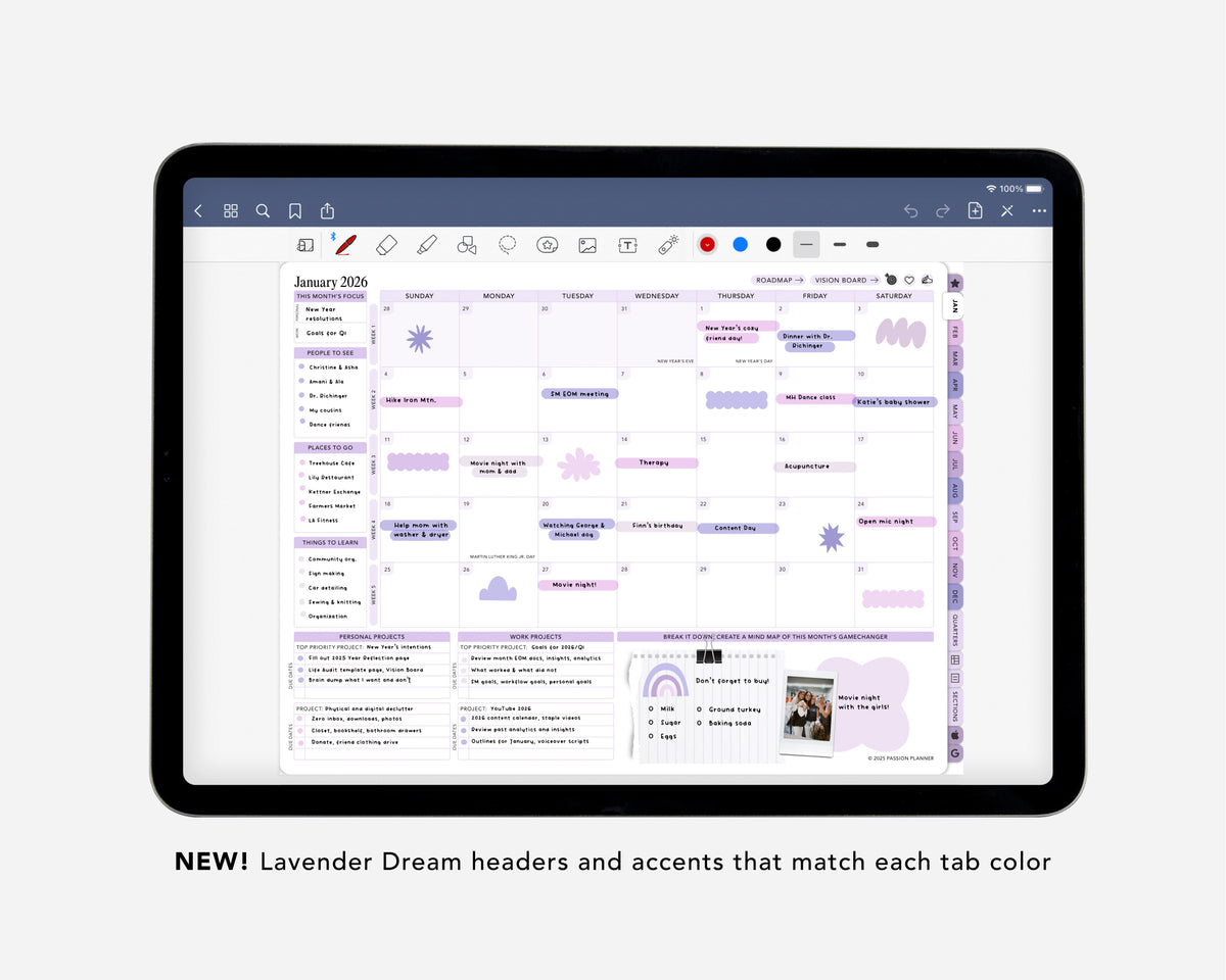 Tablet displaying a digital calendar with lavender dream headers and accents on a white background