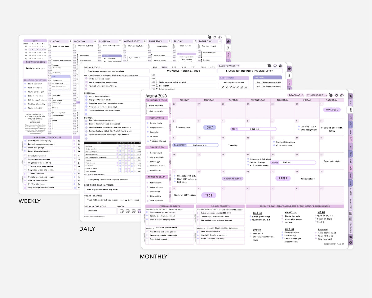 Multifunctional digital calendar with daily, weekly, and monthly views on a white background