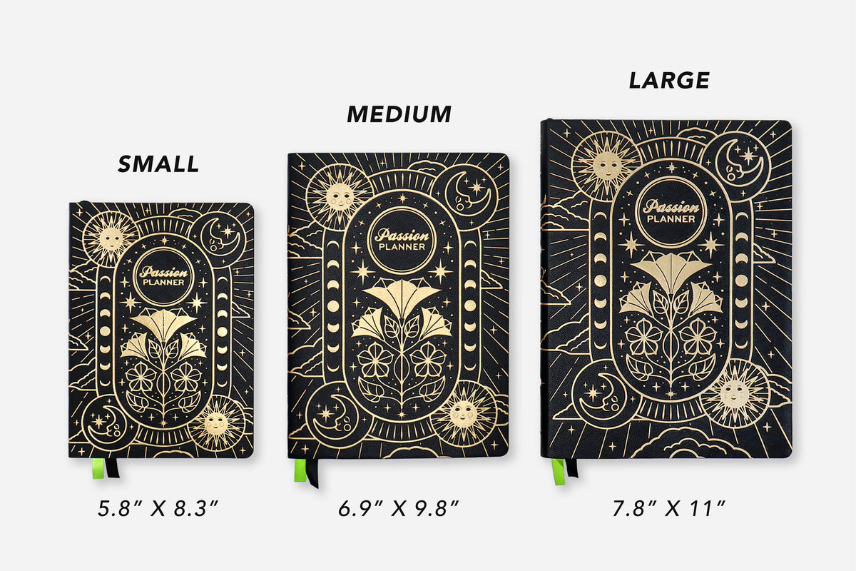 cosmic charm undated weekly planner sizes