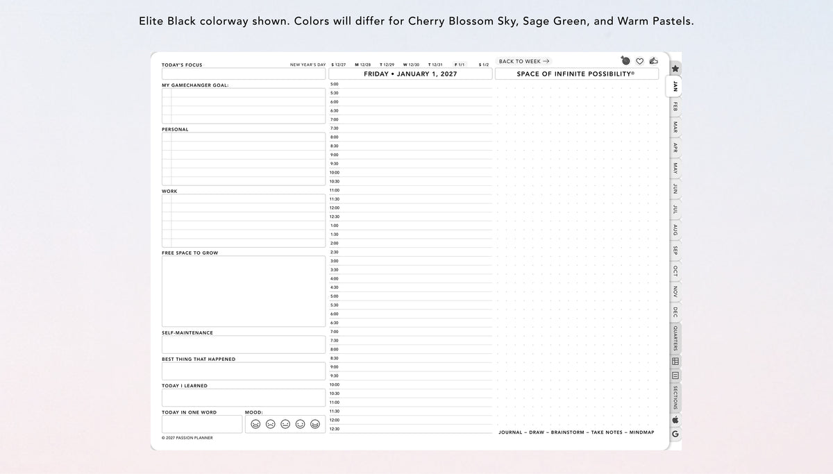 A digital daily planner template preview on a light gray background. The planner page is white with black text and grid lines, featuring sections for daily tasks, a to-do list, notes, work, and other journal prompts.