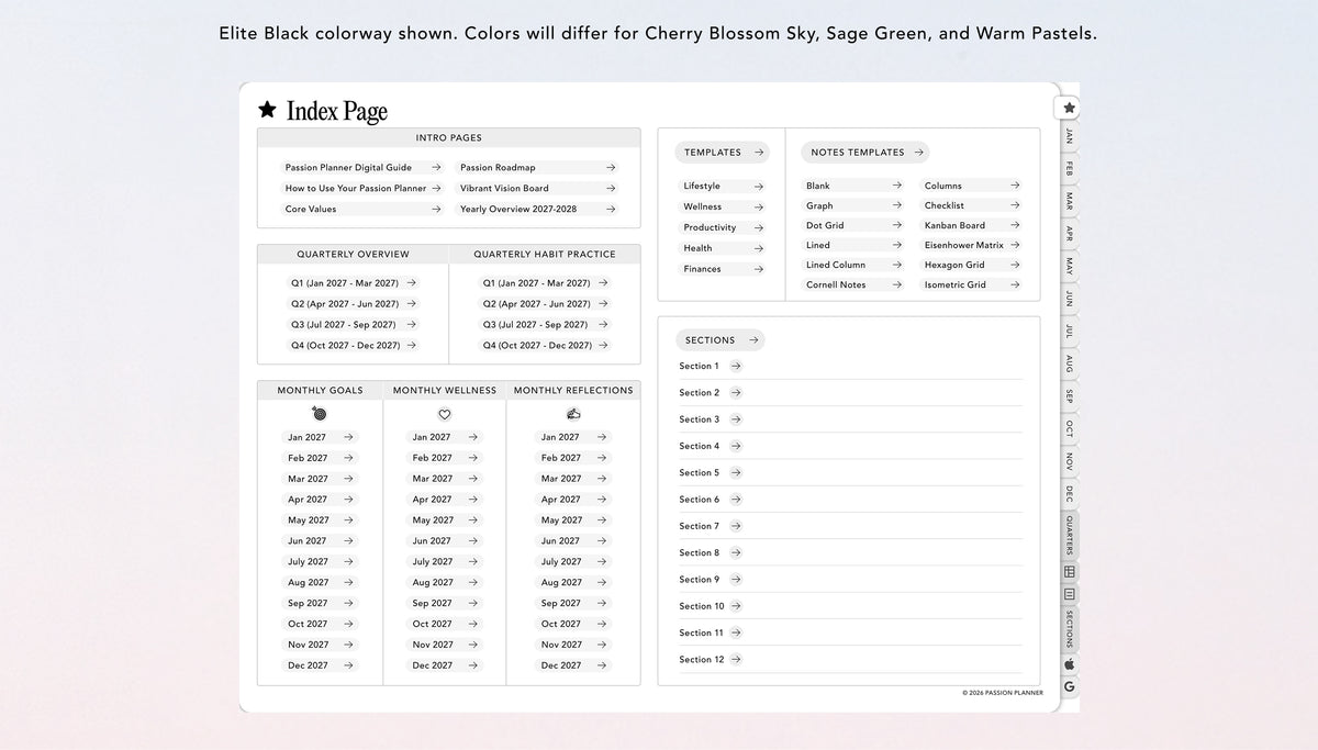 A preview of a digital planner index page template, titled 'Index Page,' shown on a soft pastel gradient background. The page includes section links for notes, templates, quarterly overview, monthly goals, weekly reflection, and a sidebar with monthly tabs and navigation controls.